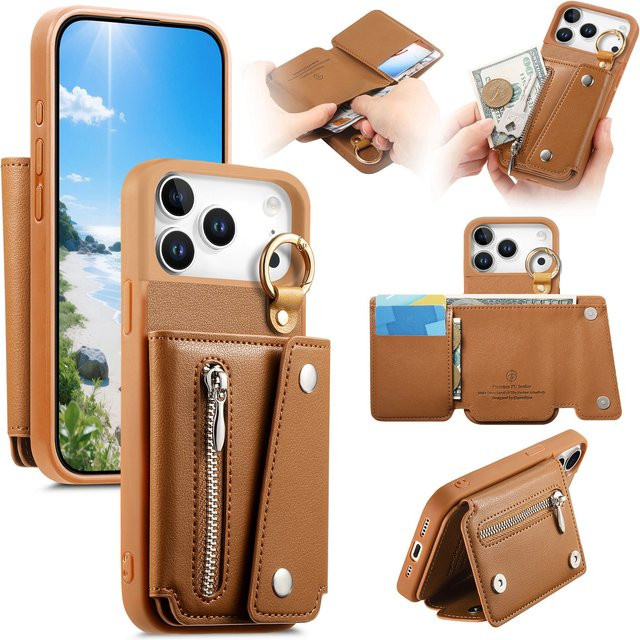 Solt Leder Brieftasche und Handyhülle mit Reißverschluss und Ringhalter für Apple iPhone, erhältlich in Beige und Braun - Bild 1