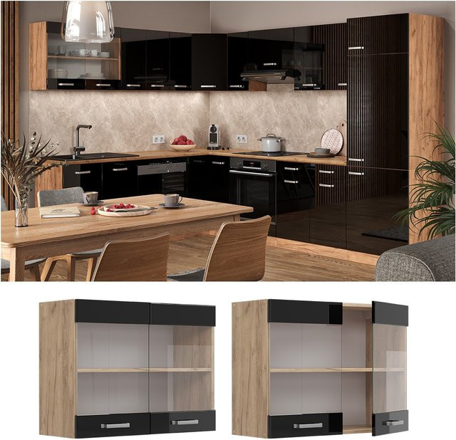 Vicco R-Line Glashängeschrank für die Küche in Schwarz und Eiche mit Glastüren, B/H/T: 80 x 60 x 31 cm - Bild 1