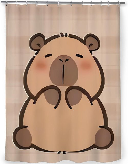 Dunika Chen Capybara Duschvorhang im Kawaii-Stil mit kariertem Muster, Beige, Polyester, B: 60 cm, H: 190 cm - Bild 1