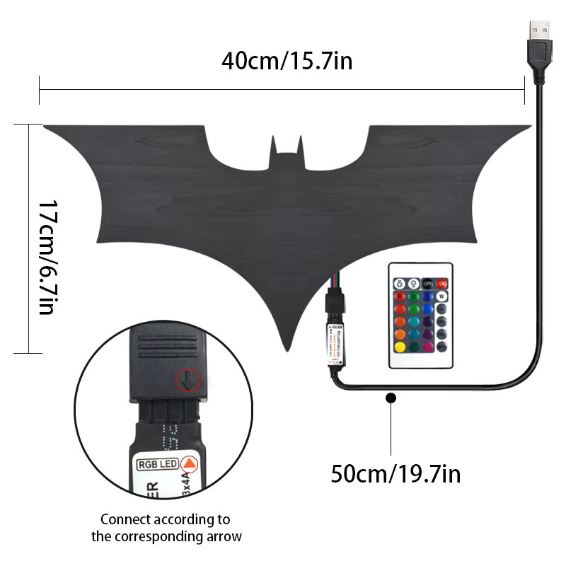 Dekorative 3D-Fledermaus-LED-Wandleuchte in Schwarz mit RGB-Multicolor-Effekt und Fernbedienung - Bild 5