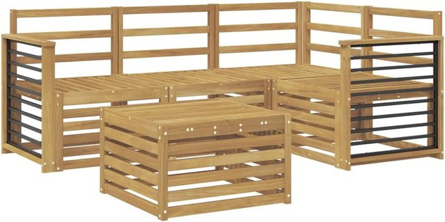 vidaXL Outdoor-Sofagarnitur aus Akazienholz in Weiß, 5-teiliges L-Shape Set mit Tisch und Polstern - Bild 1