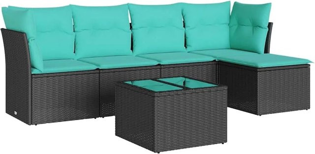 vidaXL 6-teilige Garten-Sofagarnitur in L-Form mit Polsterkissen und Couchtisch, Schwarz, Poly-Rattan und Metall - Bild 1