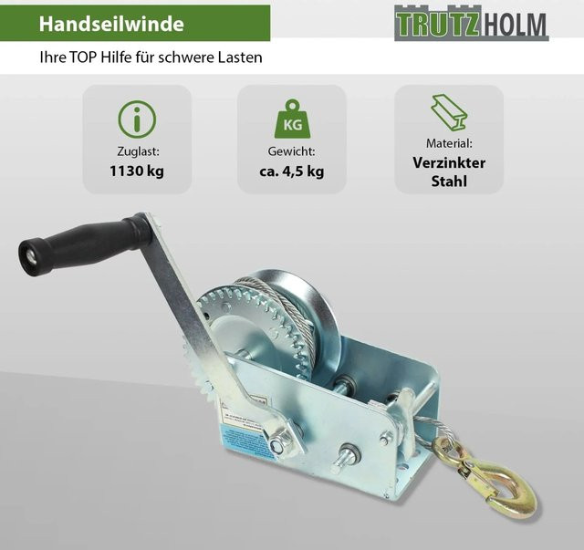 TRUTZHOLM Handseilwinde aus Stahl in Silber mit 10 m Seillänge und 1130 kg Tragkraft - Bild 1