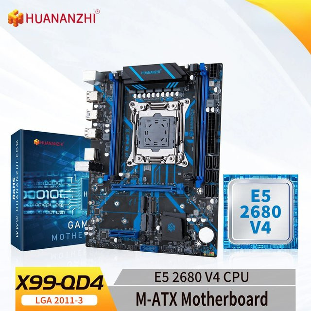 HUANANZHI X99 QD4 Motherboard LGA 2011-3 mit Intel Xeon E5 2680 V4 und DDR4 RECC Speicher-Set in Schwarz mit M.2 NVMe und USB-C Unterstützung - Bild 1