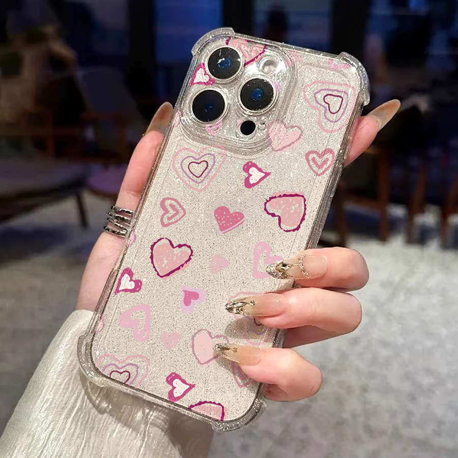 Transparente Silikon Handyhülle mit rosa Herzmuster und Glitzer-Effekt für Apple iPhone 17 bis 11 Pro Max, stoßfest und weiche Rückseite - Bild 4
