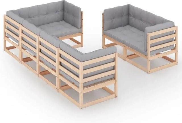 vidaXL 7-teiliges Garten-Lounge-Set aus massivem Kiefernholz mit grauen Polstern - Bild 1