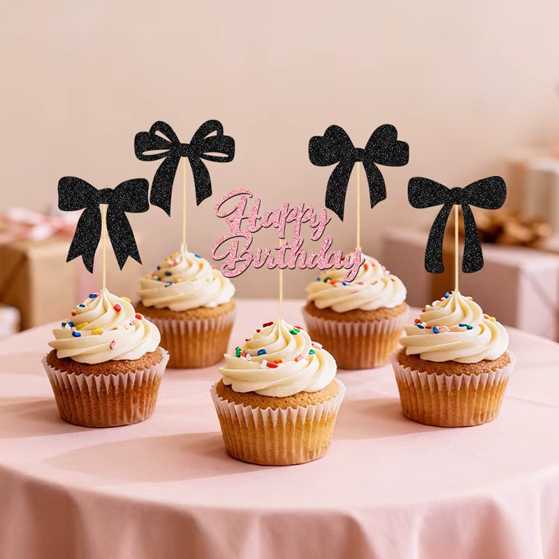YOMDID 25 Stück Cupcake-Topper mit glitzernder Schleife für Geburtstagskuchen in Schwarz und Pink - Bild 5