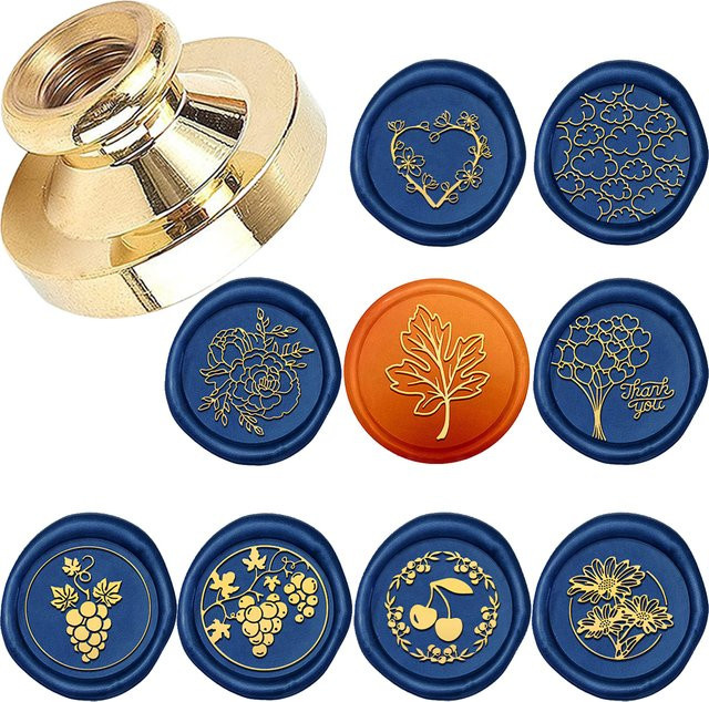 Wachssiegel Stempel Set mit Motiven wie Ahornblatt, Liebe, Ballon, Traube, Wolke, Kirsche und Sonnenblume aus Holz und Metall in Rot für Notebook, Umschlag und Geschenkkarten - Bild 1