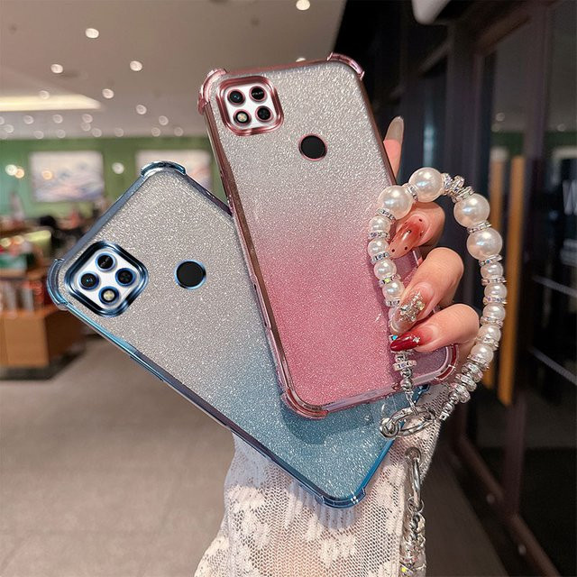 Stoßfeste TPU-Handyhülle mit Gradient Glitter und Perlenketten-Handschlaufenband für Xiaomi Redmi 9C NFC 10A 4G 9 Activ in Pink - Bild 1