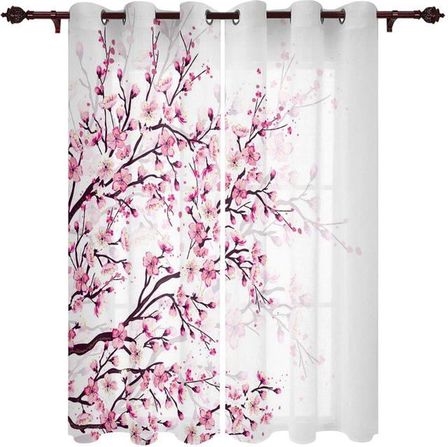 Super Six Sakura Fenstervorhänge im japanischen Stil mit floralem Design, semi-transparent, Weiß, B: 100 cm, H: 215 cm, 2er-Set - Bild 1