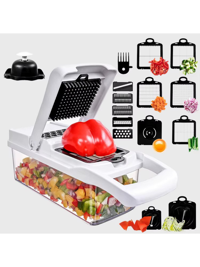 Multifunktionaler 5-in-1 Gemüseschneider und Küchenwerkzeug in Grau aus Kunststoff zum Zerkleinern von Tomaten, Karotten, Käse und Zwiebeln inklusive Würfelreibe - Bild 6