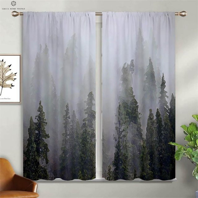 Dekorative 2er-Set Vorhänge mit Nebelwald-3D-Druck in Grün und Grau, halbtransparentes Polyester mit Stangentasche, Breite: 50 cm, Höhe: 130 cm - Bild 1
