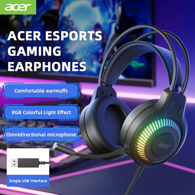 Acer OHW303 Gaming Headset mit 7.1 Virtual Surround Sound, Bass-Kopfhörer mit LED-Beleuchtung und Mikrofon, Schwarz - Bild 1