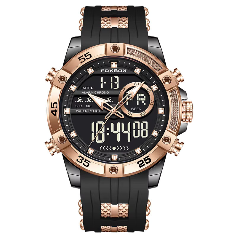 FOXOBOX Armbanduhr, Analog-Digital, Quarz, Chronograph, Edelstahl, Kautschuk, Herren, Schwarz - Bild 7