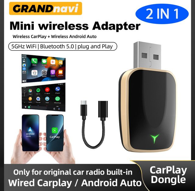 Grandnavi 2-in-1 Wireless CarPlay Dongle und Android Auto Adapter AI Smart Box in Schwarz für Autos mit kabelgebundenem CarPlay - Bild 1