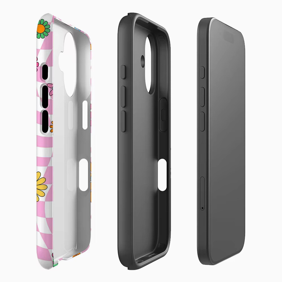 Handyhülle mit rosa Blumen und Schachbrettmuster für Apple iPhone 17 16 15 14 13 Pro Max Plus mit doppelschichtiger Rückseite - Bild 2