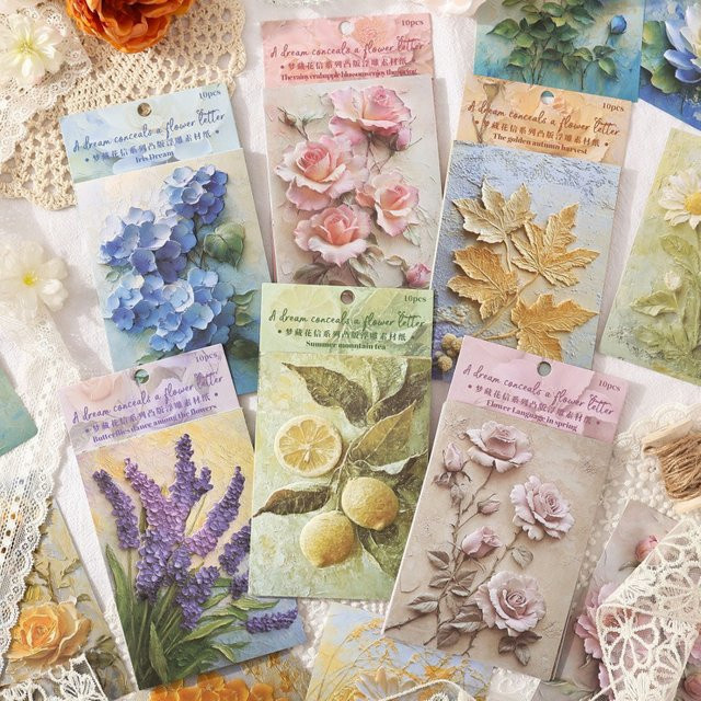 10 Blatt Vintage-Papier mit geprägtem Blumenmuster und botanischen Retro-Motiven in matter Optik - Bild 1