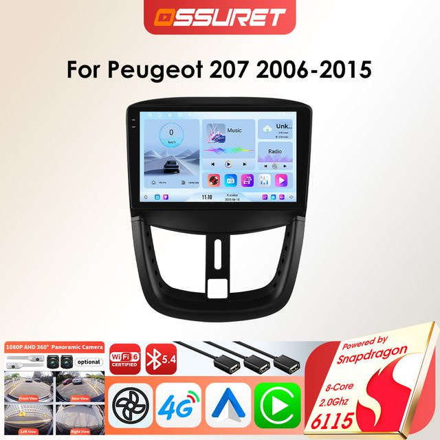 OSSURET 6115 Android Auto Radio Player für Peugeot 207 207CC SW 2006-2015 mit drahtlosem CarPlay, 2DIN Multimedia-System in Schwarz und 360 Grad Kamera Unterstützung - Bild 1