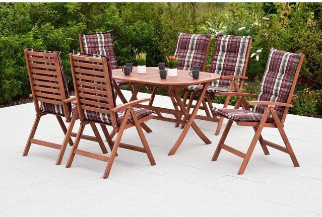 Merxx Gartenmöbelset Borkum aus Eukalyptusholz, 13-teilig mit 6 Klappsesseln, Auflagen und Klapptisch, B/T: 135 x 85 cm, beige/rot kariert - Bild 1