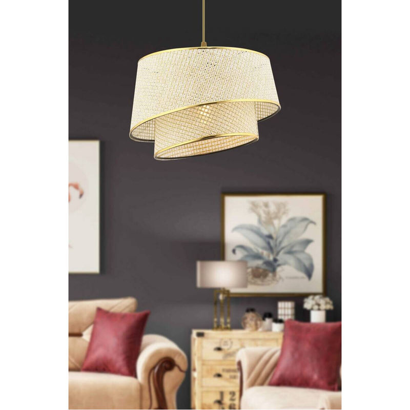 Opviq Pendelleuchte Barette in Gold und Creme aus Stoff und Metall, B/T/H: 32 x 32 x 65 cm, E27 - Bild 2