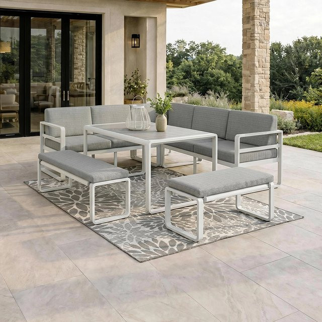 Bessagi Garden Dining-Loungeset Aruba L-Shape in Hellgrün und Weiß mit Metallrahmen und Outdoorstoff - Bild 1