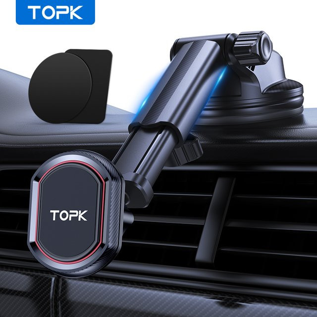 TOPK Magnetische 3-in-1 Handy-Autotelefonhalterung für Windschutzscheibe und Armaturenbrett in Schwarz mit verstellbarem langem Arm - Bild 1