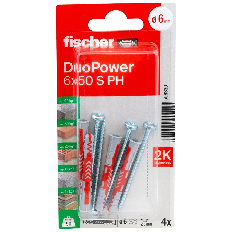 Fischer Universaldübel DuoPower S aus Nylon, 6 mm x 50 mm, 4 Stück - Bild 2