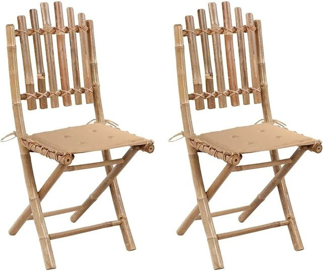 Furnicato 2er Set Klappbare Gartenstühle aus Bambus mit Kissen in Beige, B/T/H: 50 x 42 x 92 cm - Bild 1