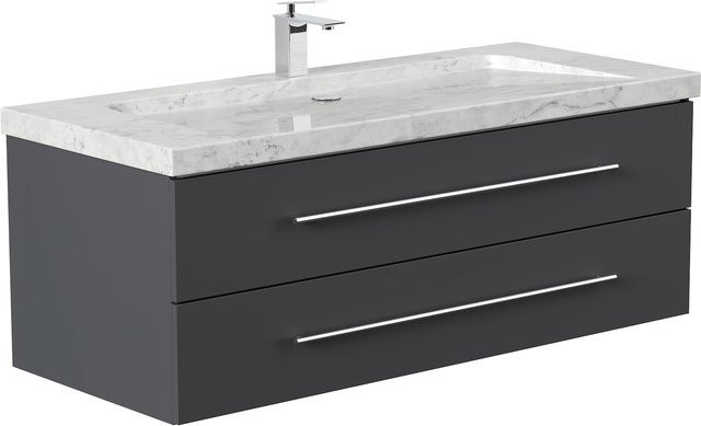 Badmöbel YAMO von Posseik aus Marmor Carrara White in Weiß und Grau mit 1 Hahnloch und SoftClose, Breite: 130 cm - Bild 1