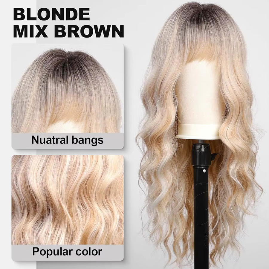 EASIHAIR Synthetik-Perücke, lange blonde Ombre-Braun-Perücke, wassergewellt, mit Pony, Damen - Bild 3