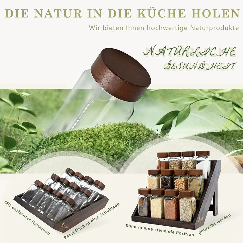 SAEIV Gewürzflaschen-Set aus Glas mit Gewürzregal aus Acacia-Holz, transparent und braun, inklusive Etiketten, 120 ml pro Flasche - Bild 2