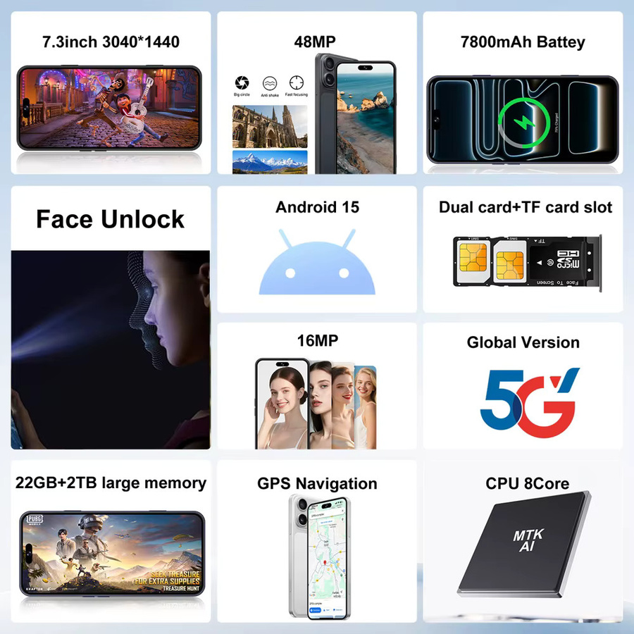 K-Touch iFone 18 Pro Maxi Android Smartphone 5G mit 7,3 Zoll HD Display, 22GB RAM, 2TB Speicher, Face ID und Dual-SIM in Weiß - Bild 2