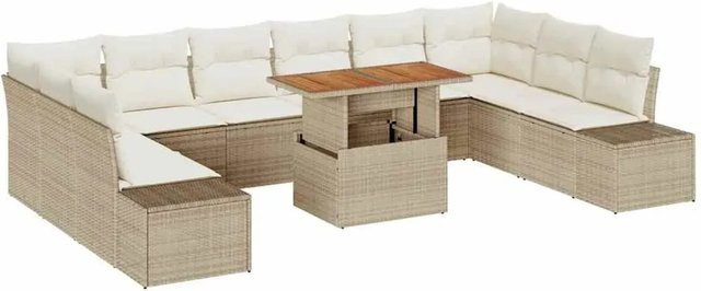 vidaXL Garten-Sofa-Set aus Poly Rattan in U-Form mit Stauraum und Polstern, 11-teilig, Beige/Weiß - Bild 1