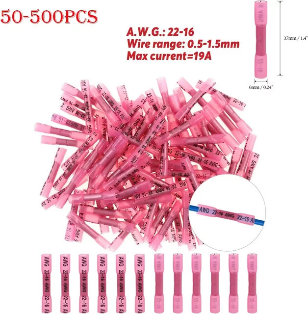 Wasserdichte Schrumpfverbinder Set, isolierte Crimp-Anschlüsse für elektrische Drähte, 22–16 AWG, Farbe: Rot - Bild 1