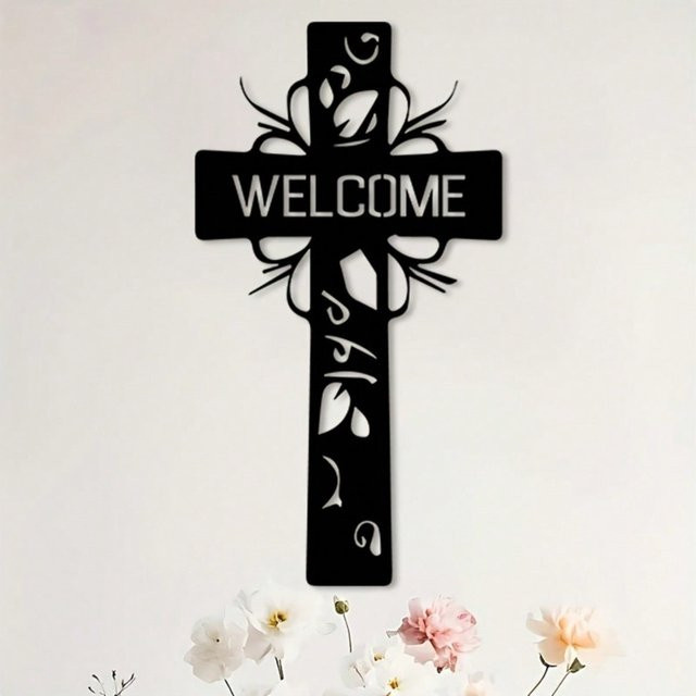 CIFBUY Vintage Metall-Wandkunst Kreuz in Schwarz mit floralem Design als religiöse Dekoration - Bild 1