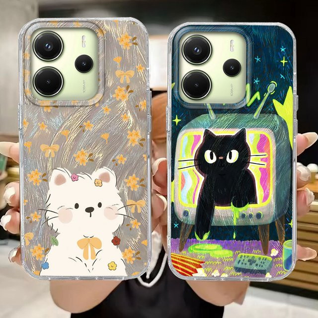 Handyhülle mit Cartoon Katze und Mädchen Design für Xiaomi Redmi Serie in Schwarz - Bild 1