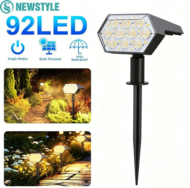 Solarbetriebene LED Landschaftswandleuchte mit 92 LEDs, IP65 wasserdicht, verstellbar, Schwarz, Warmweiß - Bild 1