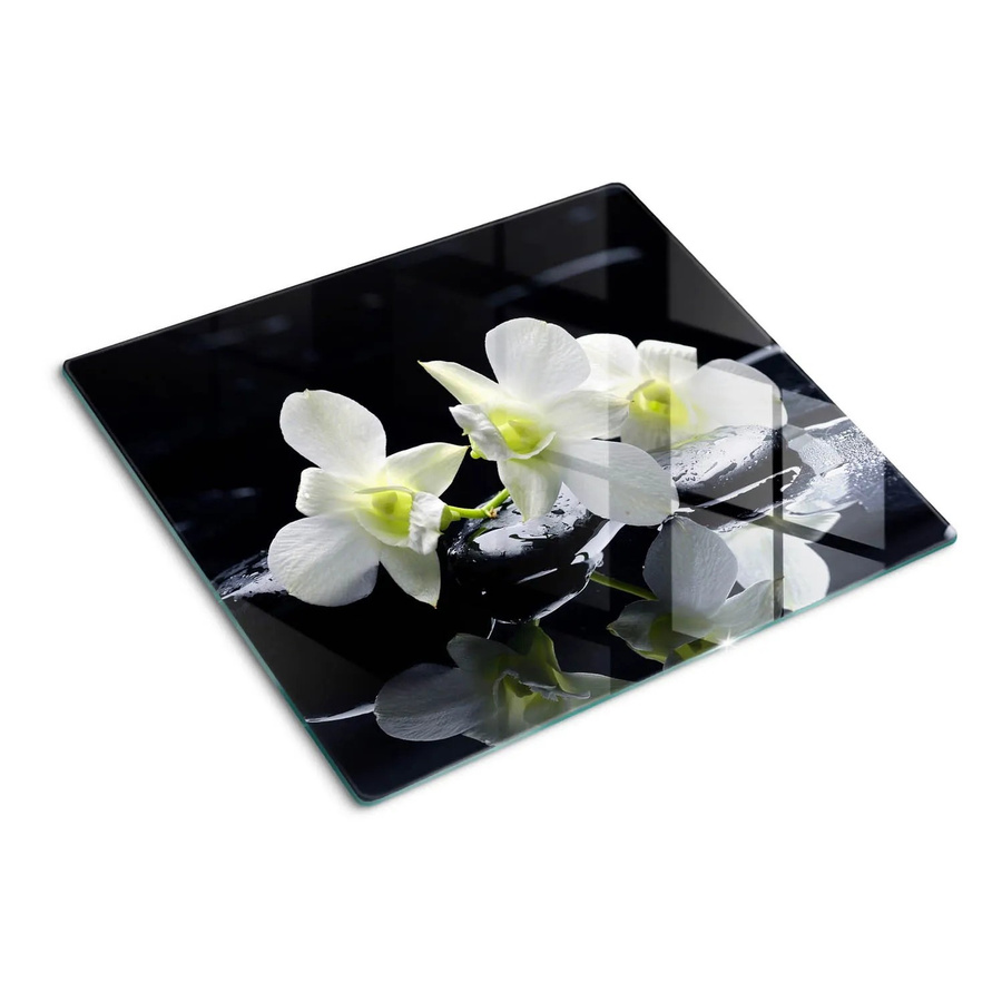 Tulup Herdabdeckplatte aus Glas in Schwarz mit Orchideen-Design, B/T: 60 x 52 cm - Bild 2