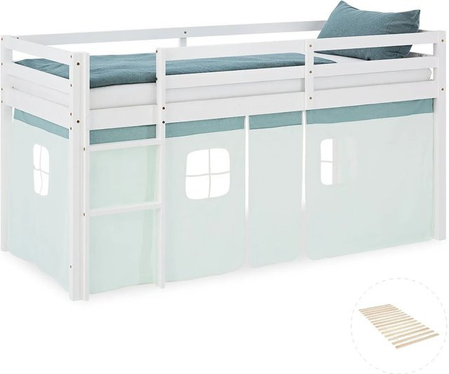 Homestyle4u Kinder Hochbett aus Kiefernholz mit Lattenrost und Vorhang in Grün, B/T/H: 90 x 200 x 165 cm - Bild 1