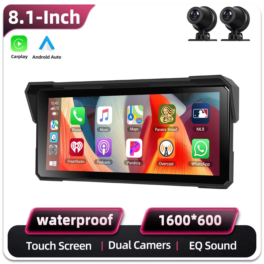 Podofo Tragbarer Motorrad-Monitor mit 8,1 Zoll Display, Kabelloses CarPlay und Android Auto, IP68 Wasserdicht, DVR mit 2 Kameras, Schwarz - Bild 7