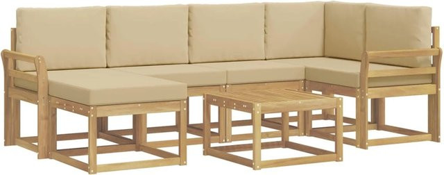 vidaXL Outdoor-Sofagarnitur 7-teilig aus Akazien-Massivholz in Weiß und Beige mit Polstern und L-Form für Garten und Terrasse - Bild 1