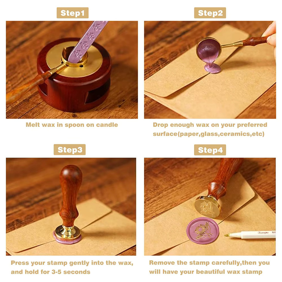 Wachssiegel-Stempelset mit Vintage Triple Moon Pentagramm, Mondphasen und Sonnenflaschenmuster aus Holz - Bild 4