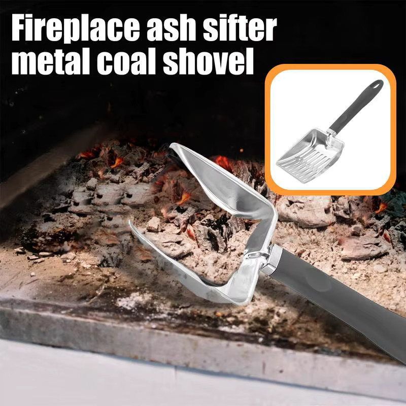 Edelstahl-Kohlenschaufel und Kamin-Asche-Sieb Set aus Metall in Schwarz und Silber für die Reinigung von Feuerstellen im Innen- und Außenbereich - Bild 3
