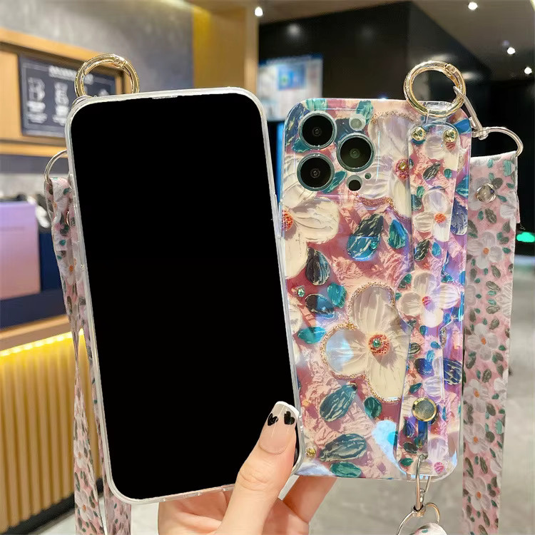 MUQGEW Stoßfeste iPhone Handyhülle mit Blumen-Ölgemälde-Design und Crossbody Lanyard Handgelenk Strap in Multicolour - Bild 3