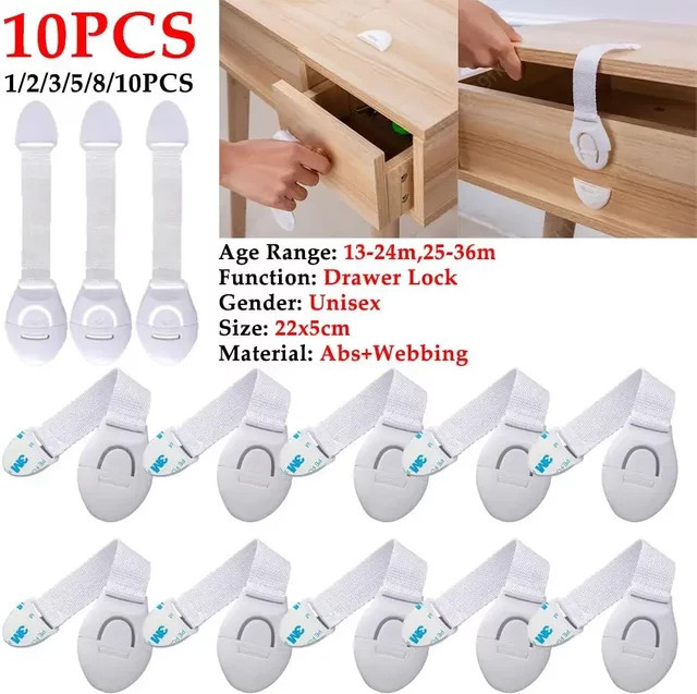 XUNYI Kindersicherung Riemenschloss für Schränke und Schubladen aus Kunststoff in Weiß (10er Pack) - Bild 1