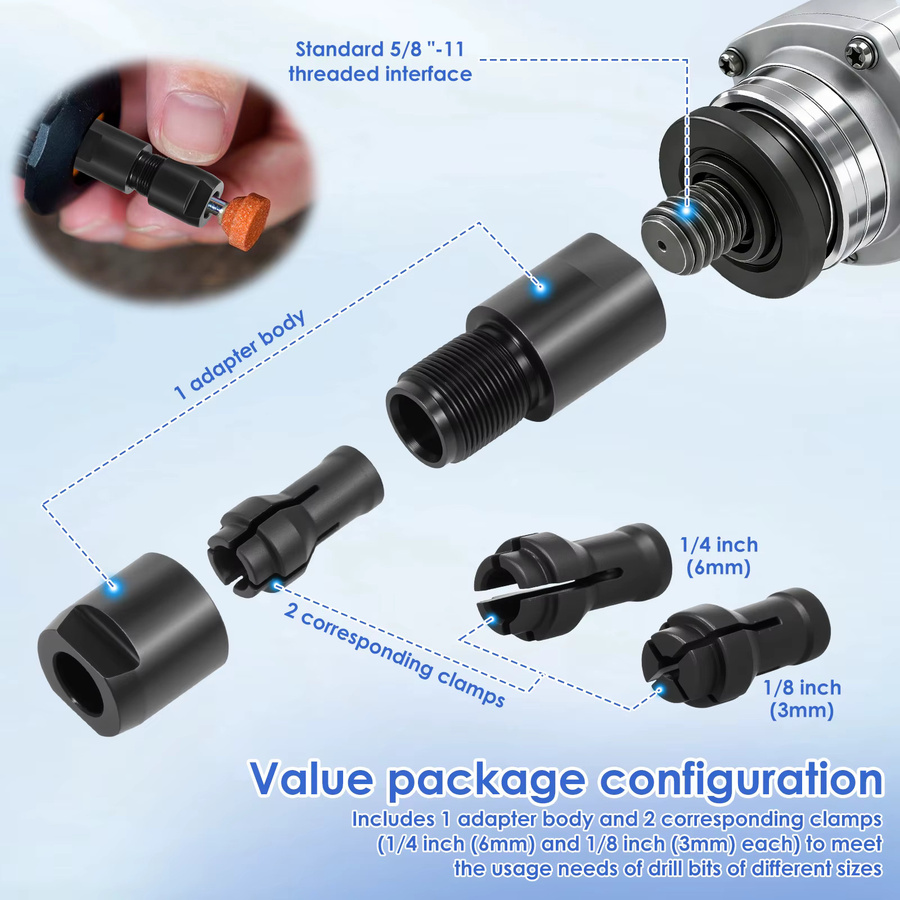 Toorise Winkelschleifer-Adapter für Geradschleifer-Futter, 3/6mm, Schwarz, 5/8 Zoll -11 Gewinde für 100-Typ Winkelschleifer zum Schneiden und für Holzarbeiten - Bild 4