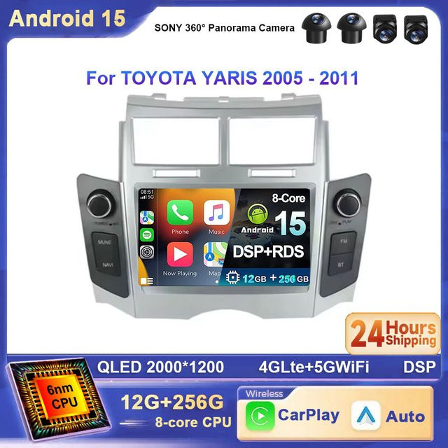 TIEYEZ Android 15 Multimedia-Player mit 7 Zoll Display und GPS für Toyota Yaris XP90 Vitz Platz 2008-2011, Schwarz - Bild 1