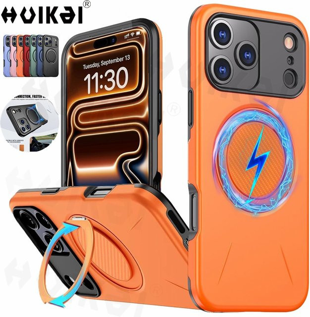 Huikai Magnetische Schutzhülle mit Ringhalter und Ständer für iPhone 17 Pro Max, iPhone 17 Pro und iPhone 16 Pro Max, doppellagig und stoßfest, Schwarz oder Orange - Bild 1