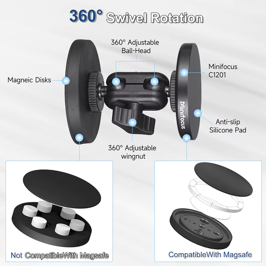 MINIFOCUS Dualer magnetischer Handyhalter mit doppeltem Kugel-Seitenmagnet für MagSafe, iPhone und Android Smartphones, Schwarz - Bild 2