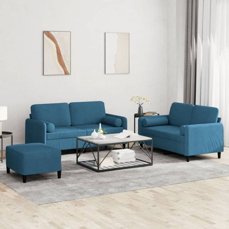 3-tlg. Sofagarnitur mit Kissen von Vidaxl in Blau aus Samt und Metall im modernen Design - Bild 1